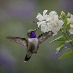 Naklejka premium A violet-crowned hummingbird hovering near a delicate white flower.