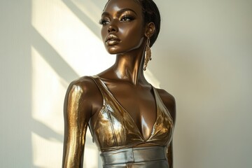 Here's a 10-word or less description of the image: Golden-skinned