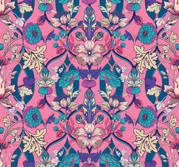 Seamless vintage twisted pattern with flowers and leaves in modern baroque	