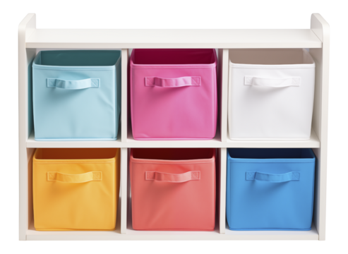 White Storage Shelf with Brightly Colored Fabric Bins