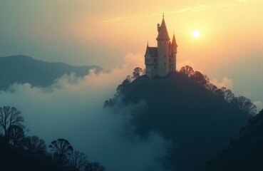 Enchanted castle on misty mountain at sunrise with majestic peaks in the background