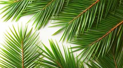 Tropical palm leaves on white background creating a fresh and vibrant natural pattern