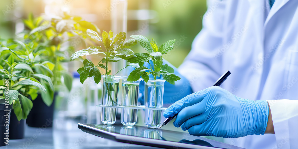 Poster scientist in lab coat and gloves analyzes plant samples in test tubes, using digital tablet for data