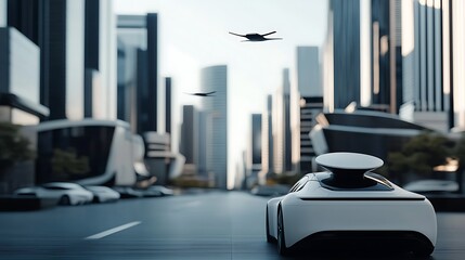 Autonomous car driving on futuristic city street with drones