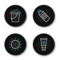 Set line Sunscreen cream in tube, Bottle of water and Sand bucket icon. Vector