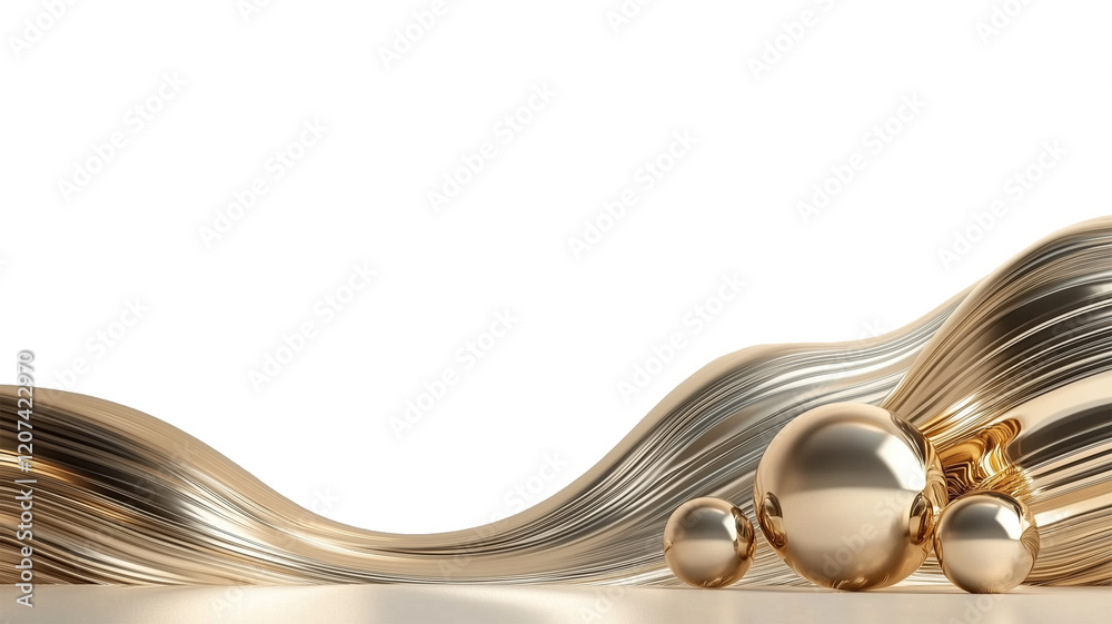 Poster luxurious abstract background features fluid metallic shapes and reflective spheres, creating sense of elegance and modernity. smooth curves and golden tones add touch of sophistication to