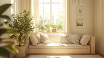 Beige sofa with striped pillows against window in living room