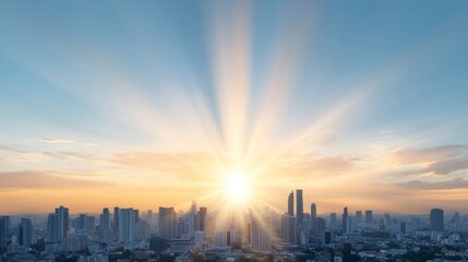 Obraz premium Majestic Sunrise Over Cityscape with Vibrant Sky Illuminating High-Rise Buildings and Urban Landscape in Morning Light