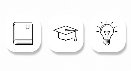 Educational icons: book, graduation cap, light bulb symbolizing knowledge and creativity