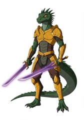 Fototapeta premium Fantasy lizard warrior with dual swords in golden armor