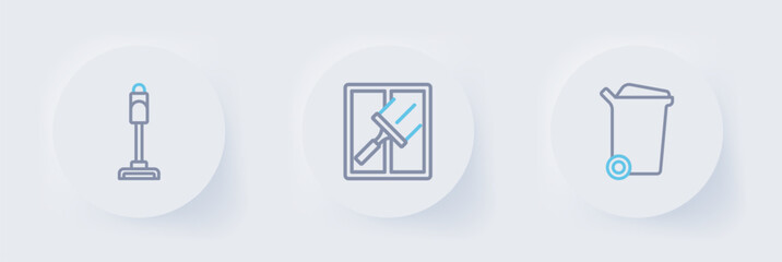 Set line Trash can, Rubber cleaner for windows and Vacuum icon. Vector