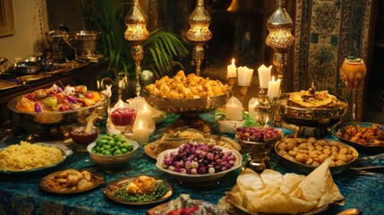 Fototapeta premium Lavish and elegant feast with an array of exotic dishes and candlelight