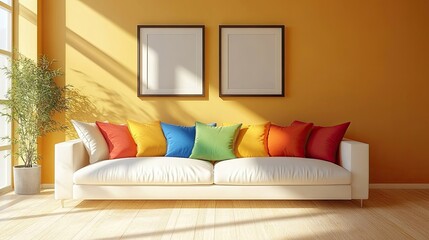 Beige sofa with vibrant colorful pillows near beige wall with two frames in living room