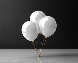 Three white balloons with gold strings on marble.
