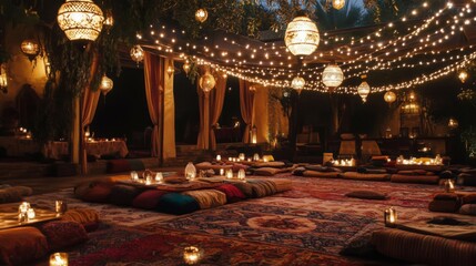 Obraz premium Enchanting Outdoor Night Setting with Warm Lighting and Cozy Pillows