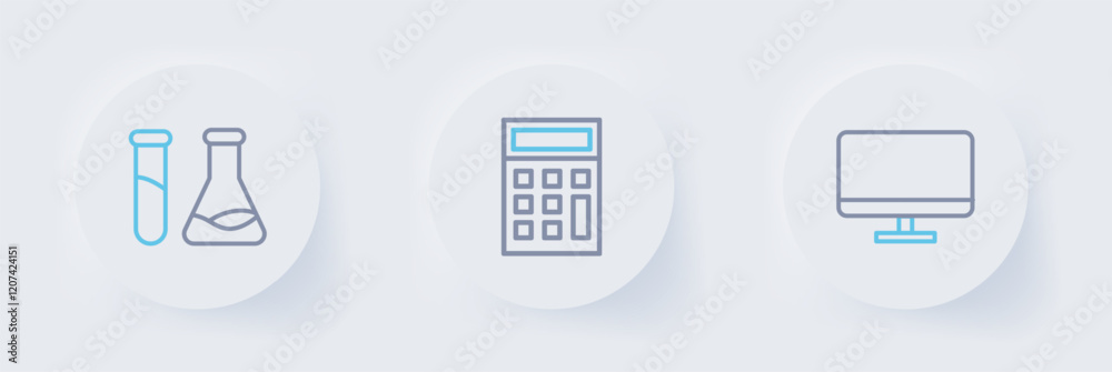 Poster set line computer monitor screen, calculator and test tube and flask icon. vector