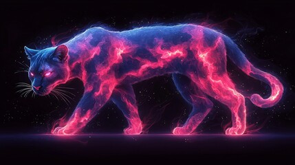 Glowing panther with pink and blue nebula effect walking on a dark background with stars