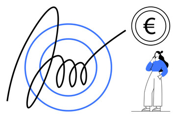 Black pen spiral over blue concentric circles, woman contemplating near Euro currency sign. Ideal for financial planning, strategy, decision-making, investment, budgeting, currency analysis, economic
