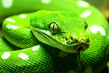 Fototapeta premium Vibrant green snake coiled in natural habitat