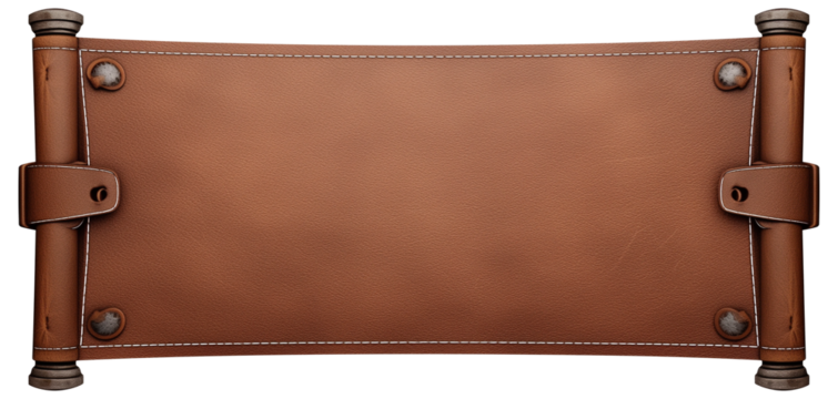 brown leather sign with stitching details and metal accents, isolated on transparency background, showcasing vintage and rustic design