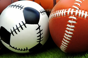 Obraz premium Variety of sports balls displayed on grass field