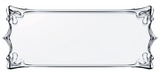 clear glass sign with etched frame is isolated on transparency background, showcasing intricate decorative details at corners. elegant design is suitable for various uses