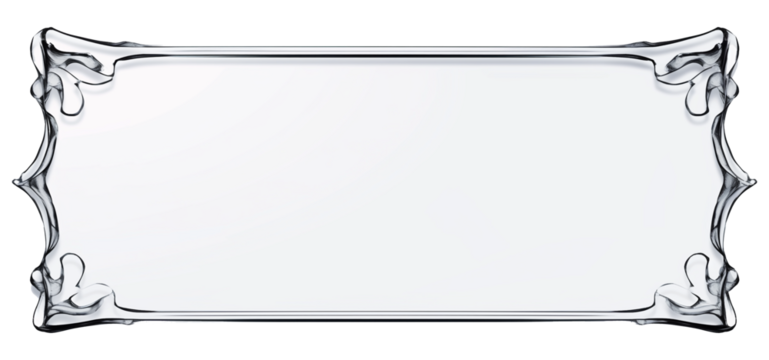 clear glass sign with etched frame is isolated on transparency background, showcasing intricate decorative details at corners. elegant design is suitable for various uses