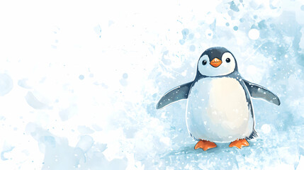 Fototapeta premium Cute Penguin Character in Winter Scene with Snowflakes and Frost