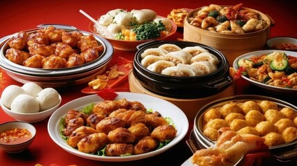 Chinese New Year Family Dinner: A Festive Table Adorned with Fish Balls, Stuffed Buns, and Red Decor, Capturing the Essence of Lunar Celebrations