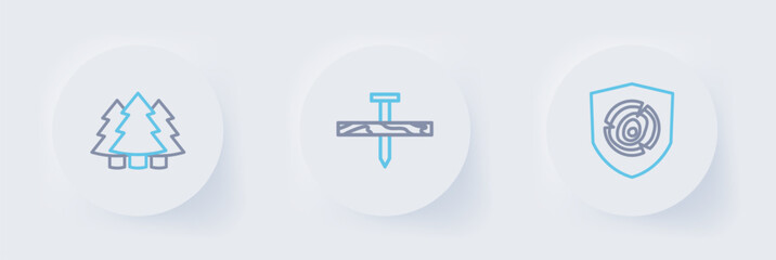 Set line Wooden logs, Metallic nail and Christmas tree icon. Vector