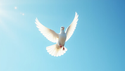 Fototapeta premium White dove flying in clear blue sky