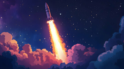 Romantic and Vibrant Space Rocket Launching Into Night Sky