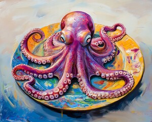 Fototapeta premium Surreal octopus delicately wrapped around a vibrant, gourmet plate, vivid colors, whimsical textures, worms-eye view, oil painting style, dreamlike atmosphere, dynamic composition