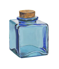 Blue glass bottle of perfume painted with gouache. 