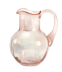 Transparent pink jug with water. Vintage watercolor illustration of pitcher 