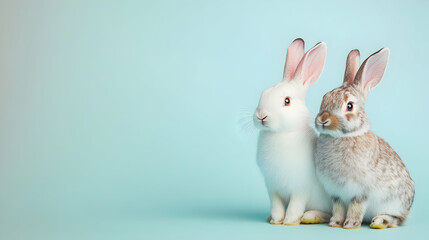 Obraz premium Two Cute Rabbits Sitting Together on a Light Blue Background