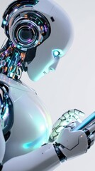 Fototapeta premium Futuristic android engaged with technology displaying advanced robotics and ai interaction