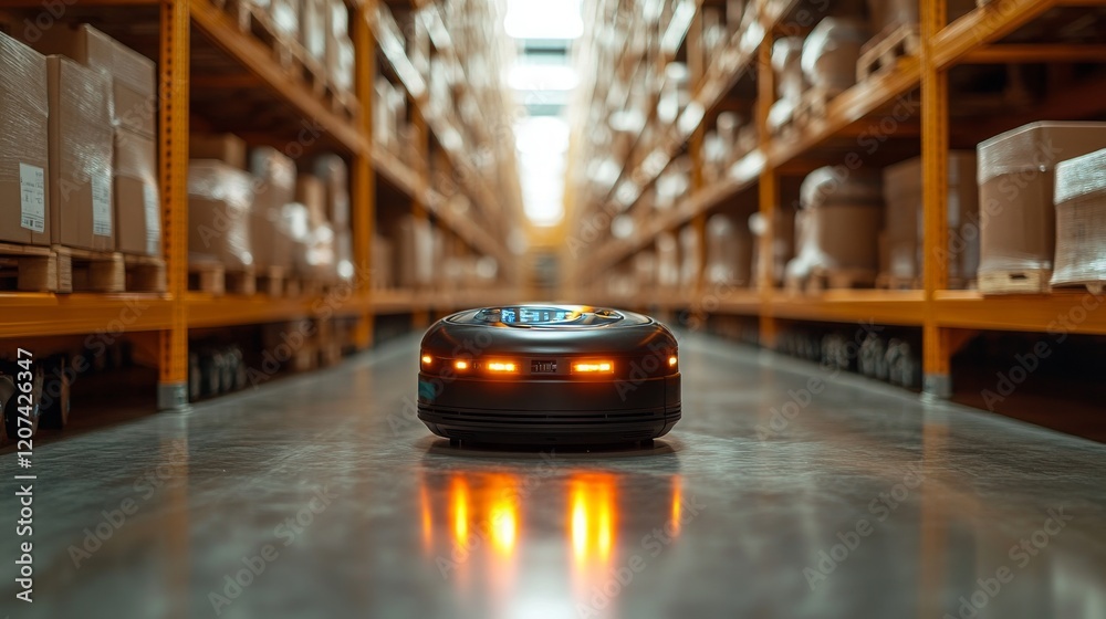 Poster automated robot navigating through a warehouse to monitor and adjust inventory systems