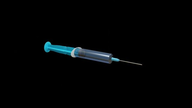 disposable syringe with blue piston rotates on black background. 3d render looped animation