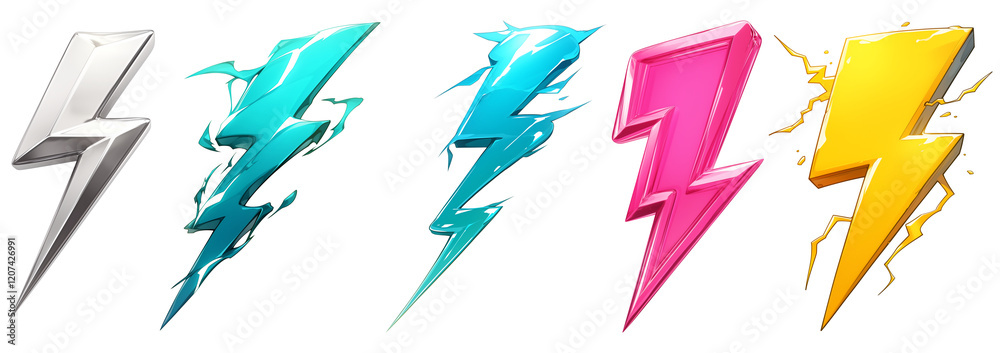 Poster set of five colorful electric bolt icons with metallic sheen, isolated on transparency background. b