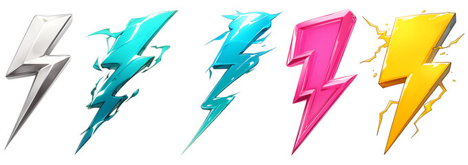 set of five colorful electric bolt icons with metallic sheen, isolated on transparency background. bolts are in silver, blue, teal, pink, and yellow, each with glossy finish and dynamic design