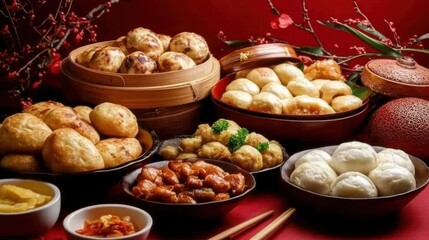 Chinese New Year Family Dinner: A Festive Table Adorned with Fish Balls, Stuffed Buns, and Red Decor, Capturing the Essence of Lunar Celebrations