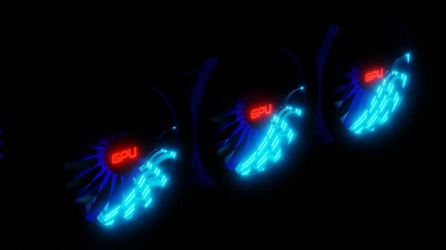 video card coolers with neon multicolored backlighting rotate on a black background. 3d render looped animation