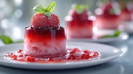 Delicious strawberry jelly dessert served on a plate with fresh mint leaves and vibrant colors