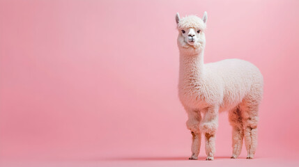 Obraz premium Cute and fluffy alpaca standing against a soft pink background