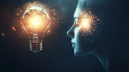 Fototapeta premium a glowing lightbulb next to a woman’s side profile with glittering particles in a dark and dreamy conceptual background 