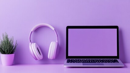 Lavender laptop, headphones, plant, minimalist background, website mockup