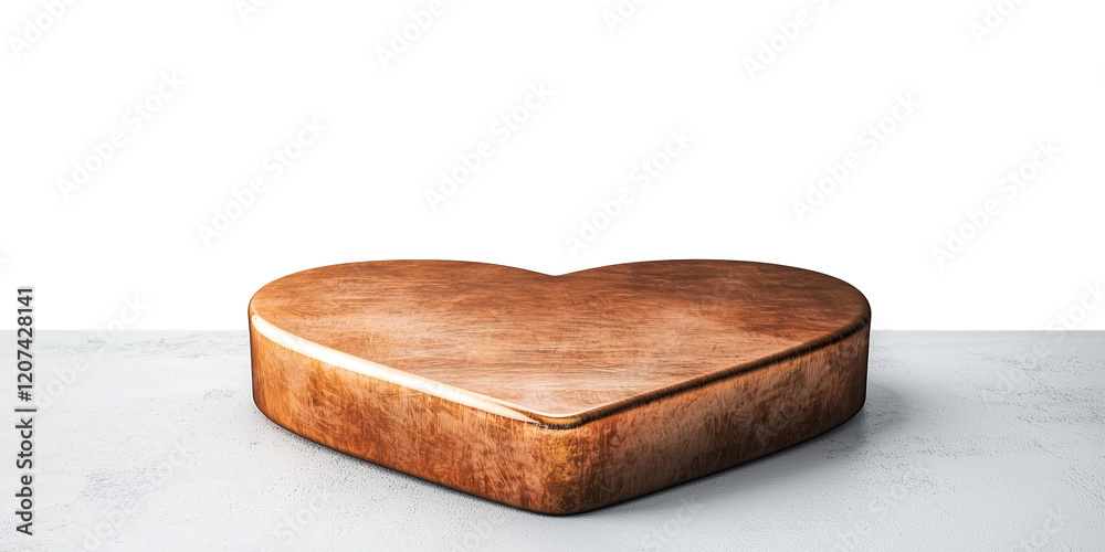 Poster heart shaped brushed aluminum object on white surface, showcasing warm amber tone. smooth texture an