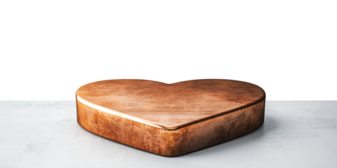 Heart shaped brushed aluminum object on white surface, showcasing warm amber tone. smooth texture and metallic finish create modern and elegant appearance