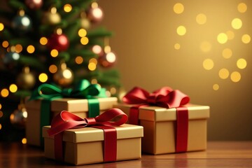 Festive Christmas Tree and Gift Boxes with Glowing Lights and Seasonal Decorations